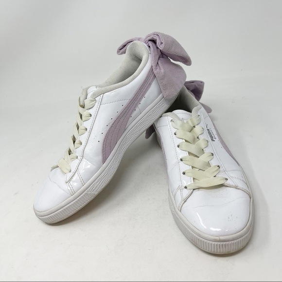 PUMA Women’s BASKET SUEDE BOW Sneakers White Patent Winsome Orchid Lavender - Picture 2 of 11